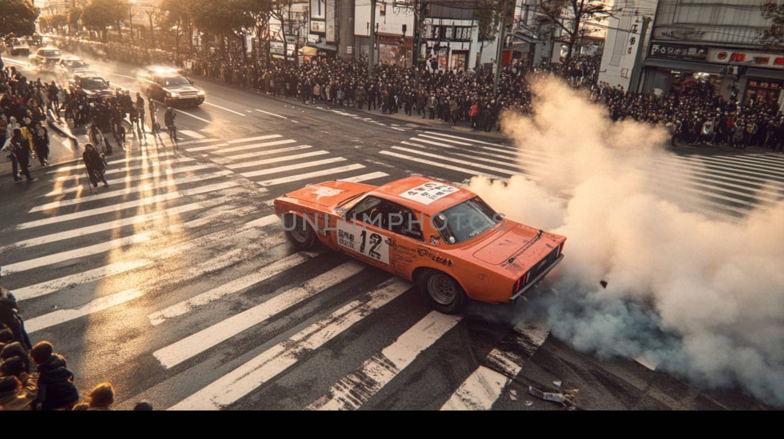 Pink muscle car revs its engine, creating smoke as a crowd cheers at an event. The vibrant sunset adds excitement to this dynamic scene of automotive passion in california's urban streets