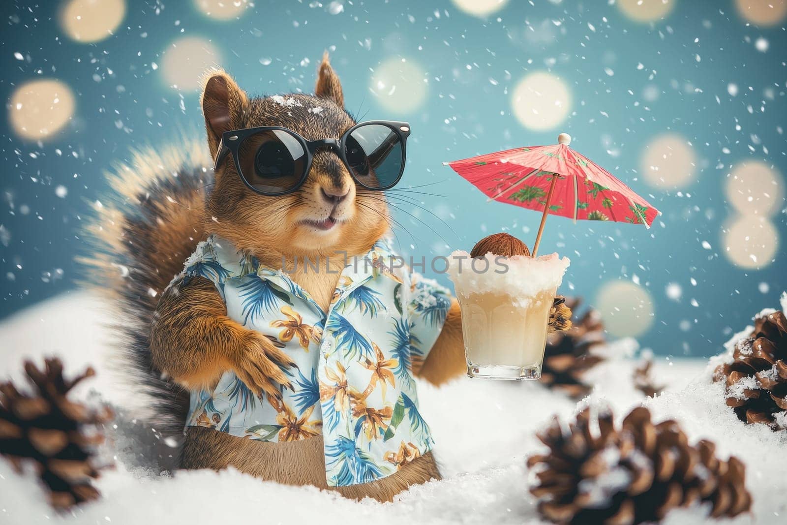 A chubby squirrel dressed in a Hawaiian shirt enjoys a tropical drink with an umbrella in a snowy winter wonderland. A cute and humorous scene!