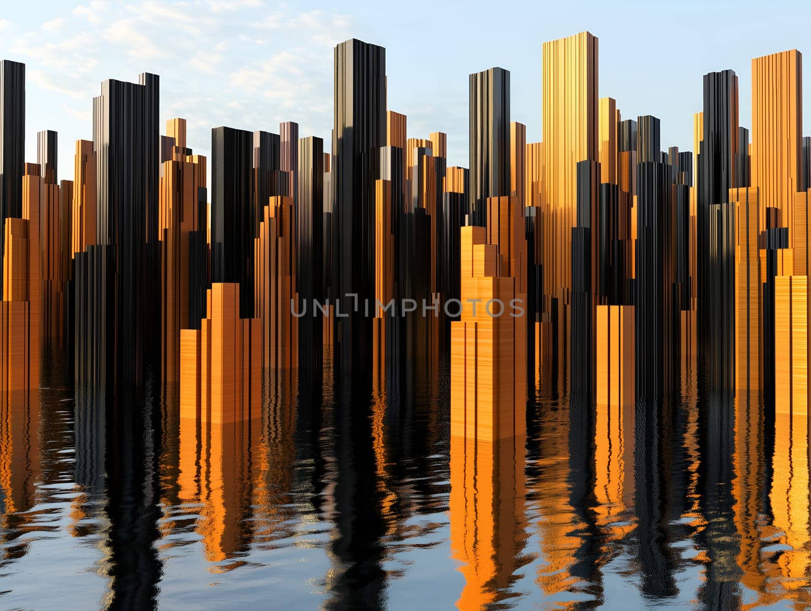 An abstract cityscape featuring golden and black metallic skyscrapers reflected on a calm water surface. A futuristic and artistic interpretation of urban architecture.