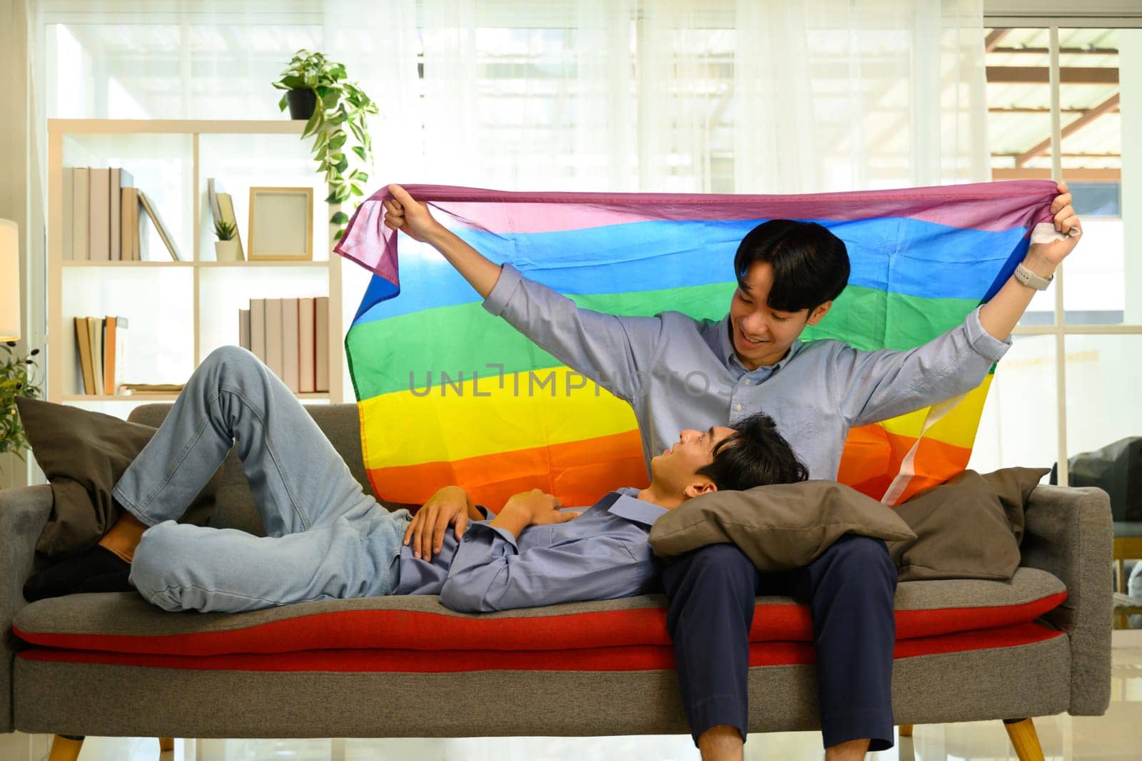 Cheerful gay couple holding a rainbow pride flag relaxing on sofa.