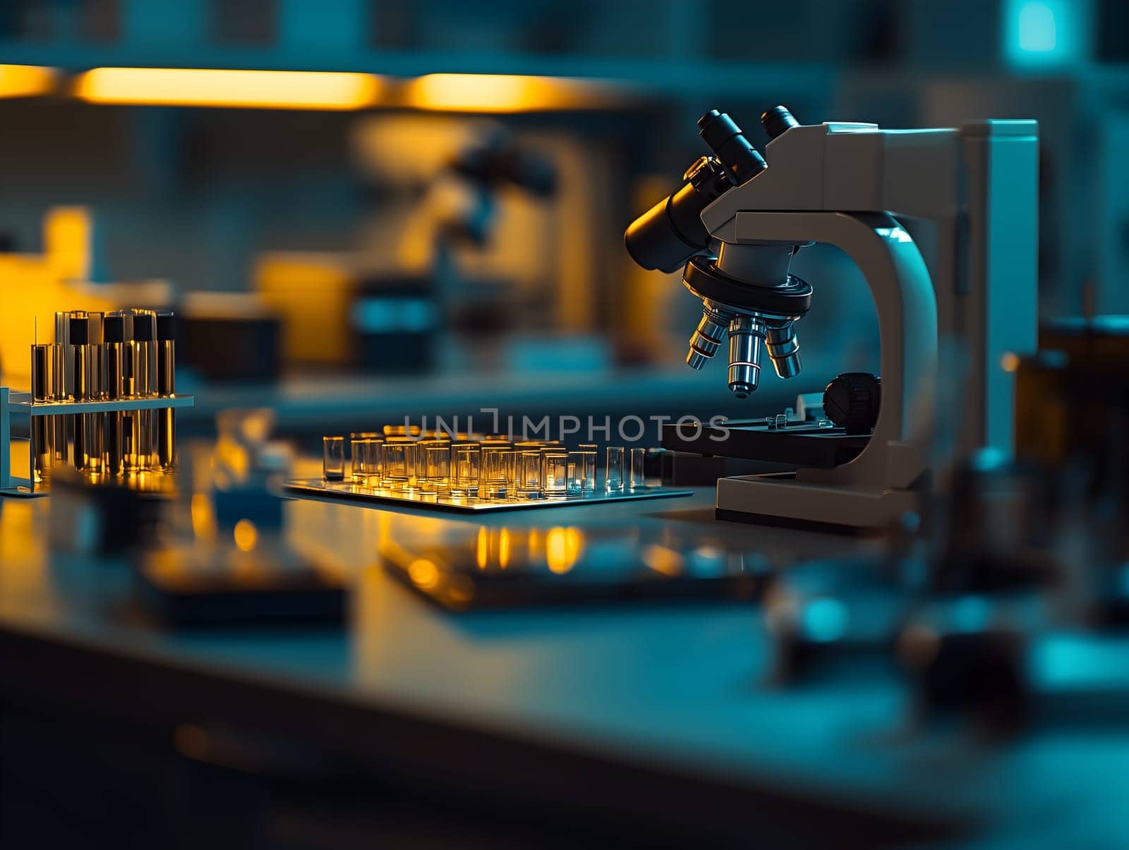A close-up of a microscope and test tubes in a modern laboratory. The warm and cool lighting highlights the scientific workspace, creating a focused and professional atmosphere.