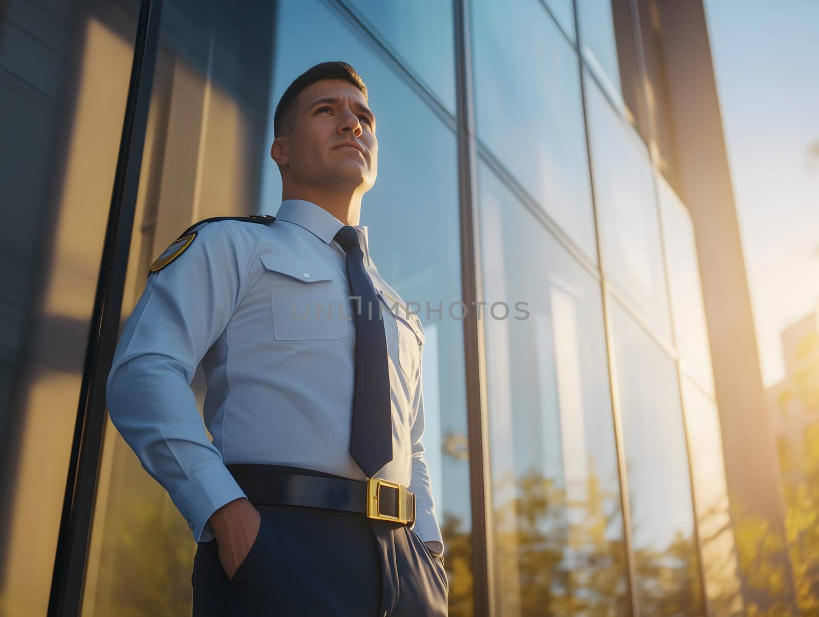 A security guard in uniform stands confidently outside a modern glass building during sunset. His professional posture and the warm light highlight his dedication and authority.