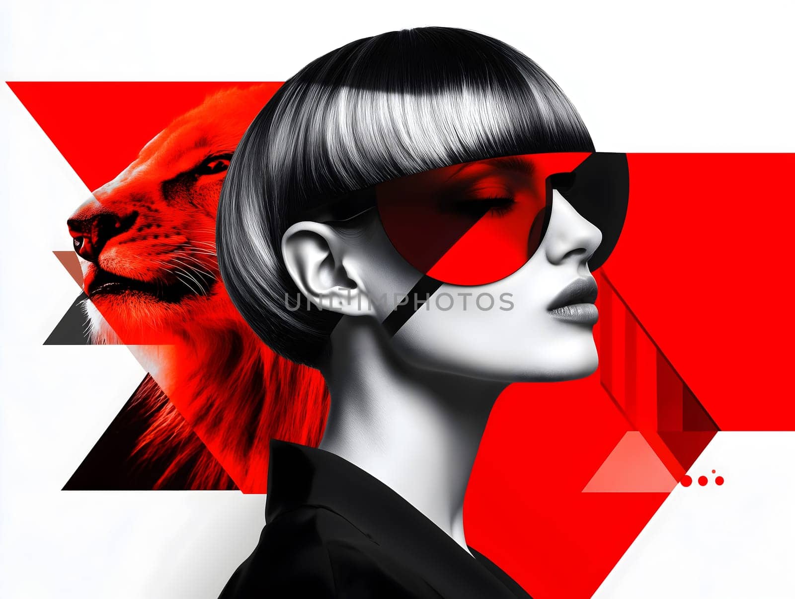 A stylish woman in sleek sunglasses and a bold haircut juxtaposed with a red lion graphic and geometric shapes. The image blends fashion, power, and modern design elements.