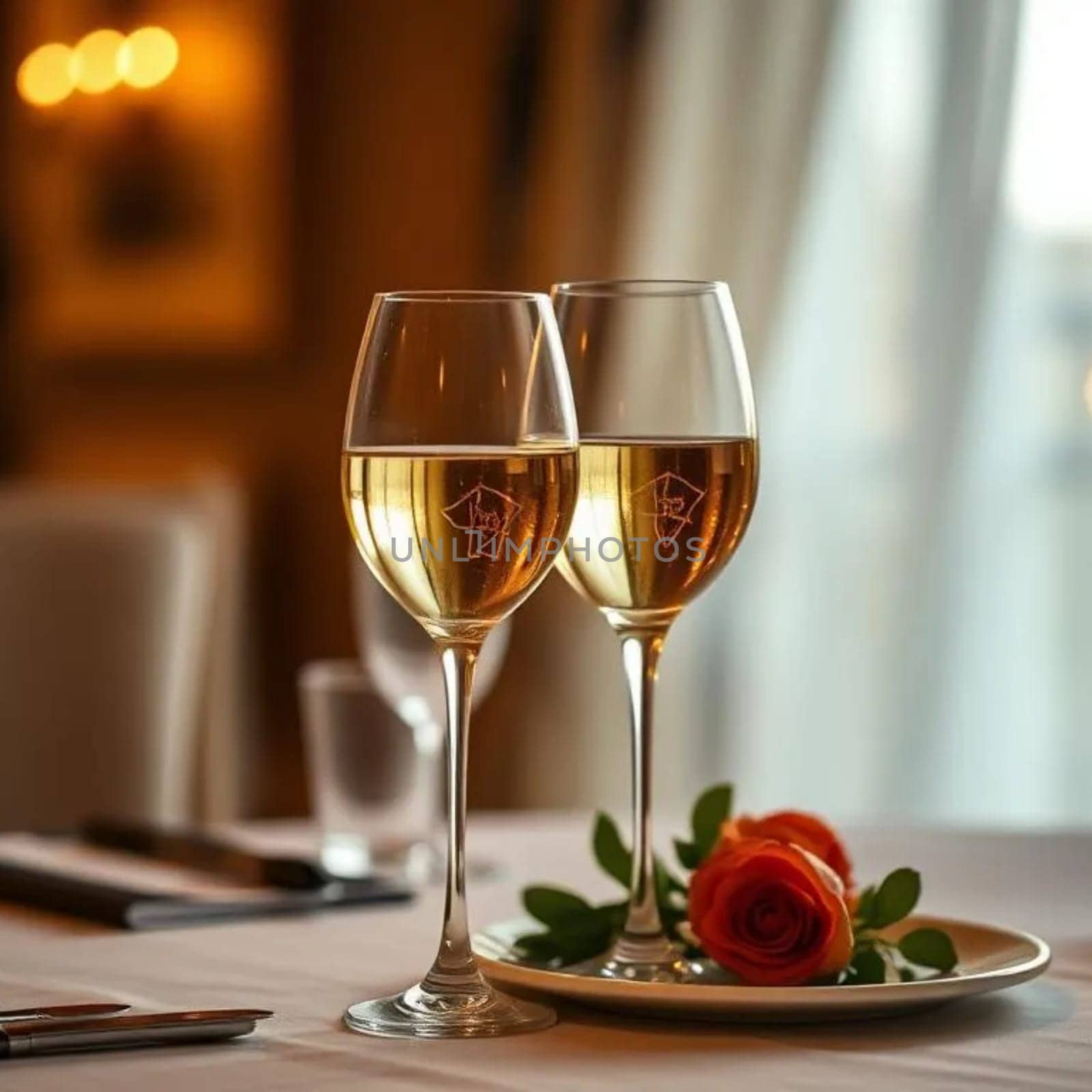 glasses champagne wine red fish on plate drink and food holiday new year. High quality photo