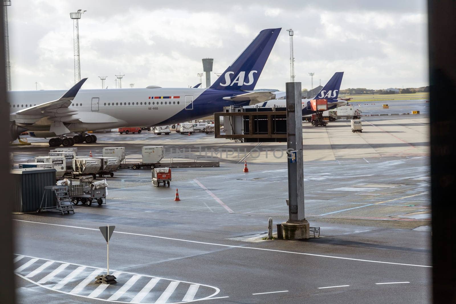 SAS plane parked at Copenhagen airport. Travel by plane. Copenhagen, Denmark - December12, 2024