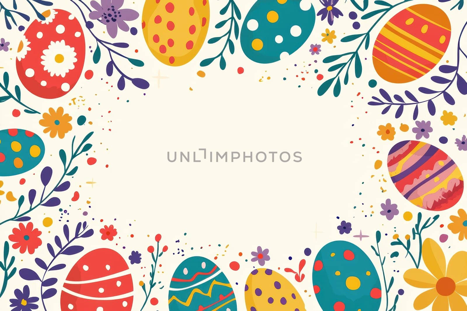 Brightly decorated easter card template featuring cheerful multicolored eggs, confetti, and flowers circling a blank area for text. this vibrant and lively design celebrates the holiday spirit, ideal for greeting cards and festive invitations.