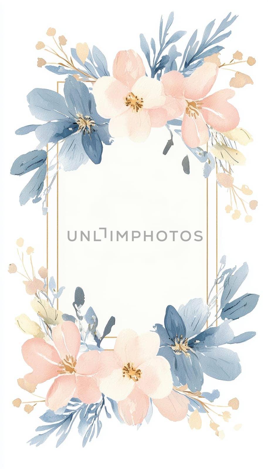 Elegant card template featuring watercolor flowers and gold accents in pastel hues. the sophisticated floral border creates a blank central area ideal for personalized easter greetings or spring-themed invitations.