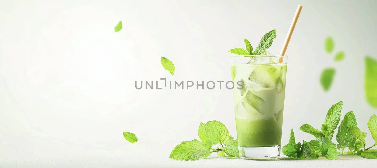 Iced matcha tea in a tall glass with a bamboo straw, surrounded by fresh mint leaves. a clean, bright white background provides ample space for branding or design elements, the drink's vibrant color and refreshing appeal.