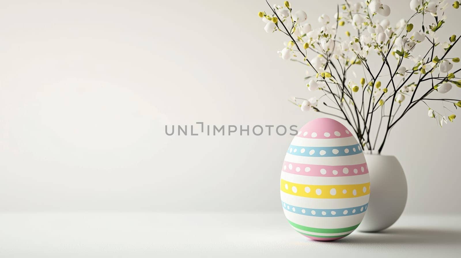 Sleek and modern easter greeting card template featuring a minimalist white background. includes a single colorful egg with vibrant patterns and an elegant space for introducing an easter message. perfect for festive print and digital use.