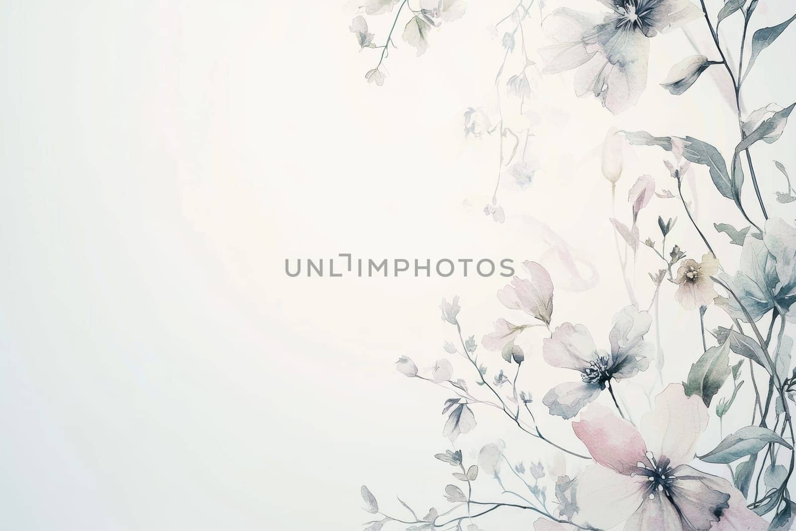 Soft pastel watercolor florals frame an elegant blank space, ideal for easter greetings or sophisticated designs. this delicate template features gentle hues and refined details, perfect for cards, posters, or print materials.