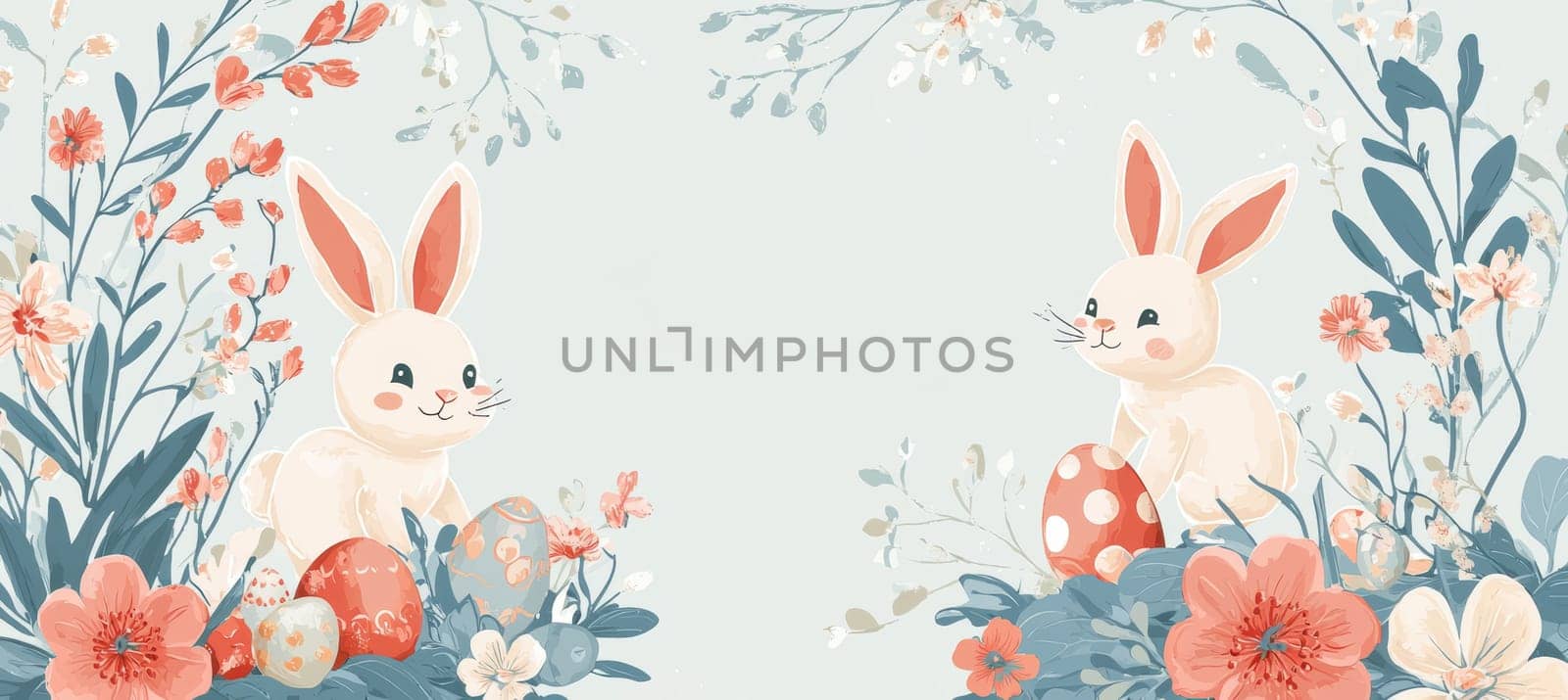 Whimsical easter card design featuring playful cartoon bunnies and colorful eggs surrounded by pastel flowers. ideal for children's holiday greetings, this template includes a blank center space for personalized messages.