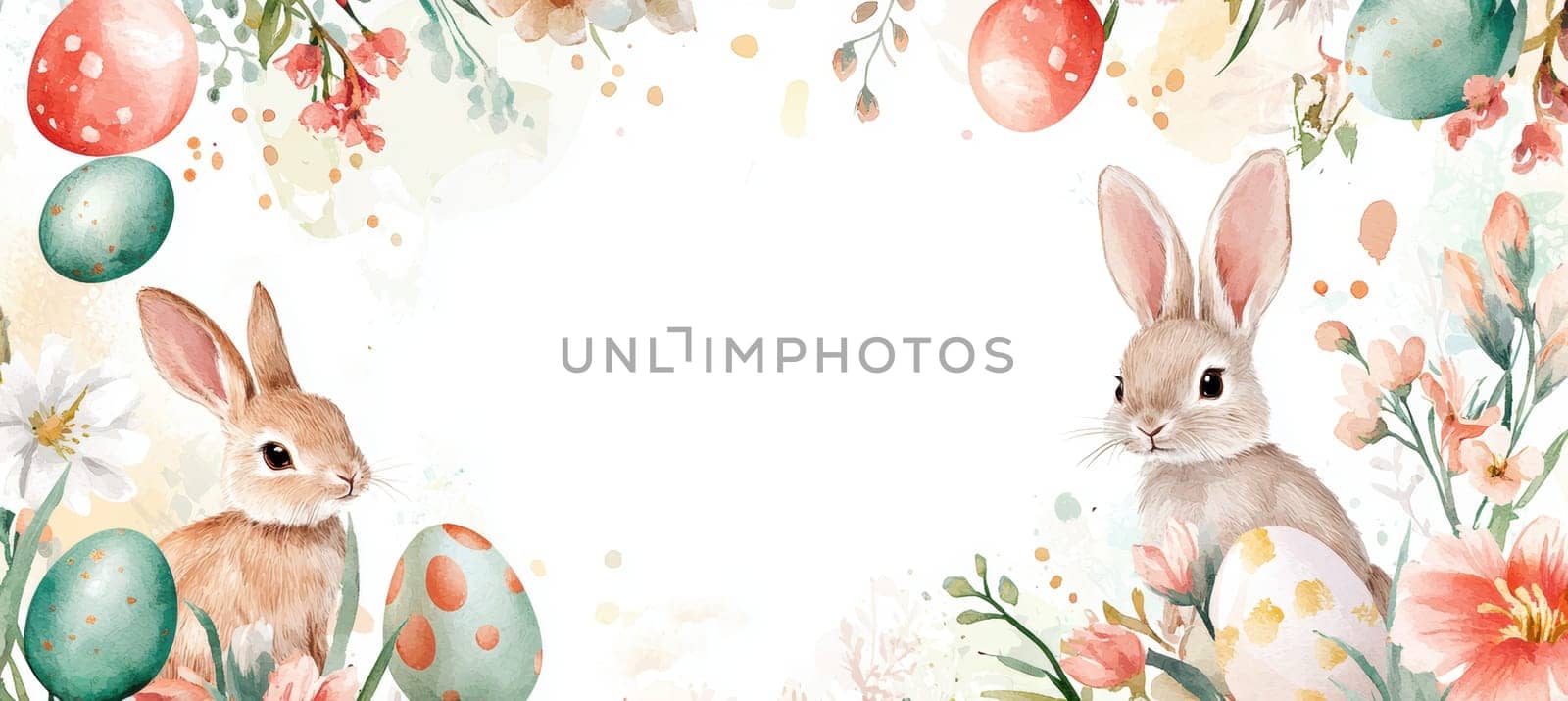 Watercolor painted bunnies and easter eggs frame a blank text area surrounded by pastel flowers and foliage. soft brushstrokes and gentle colors create a charming easter celebration theme, ideal for greeting cards or festive designs.