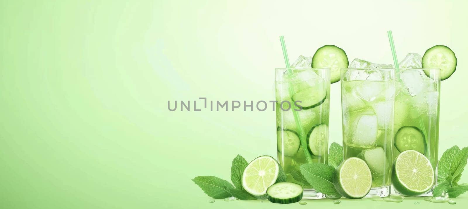 Iced green tea in tall glasses with cucumber and lime slices. a vibrant, refreshing banner ideal for wellness themes, featuring a bright palette and ample space for text or messaging, perfect for promotional or design purposes.