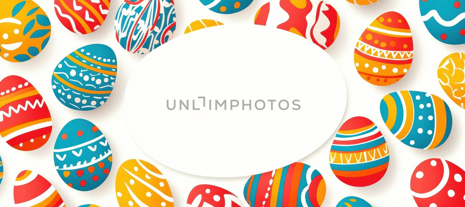 Vibrant easter card design featuring a lively mix of colorful eggs with various patterns surrounding a central blank oval space. ideal for holiday greetings, family celebrations, and playful seasonal messages.