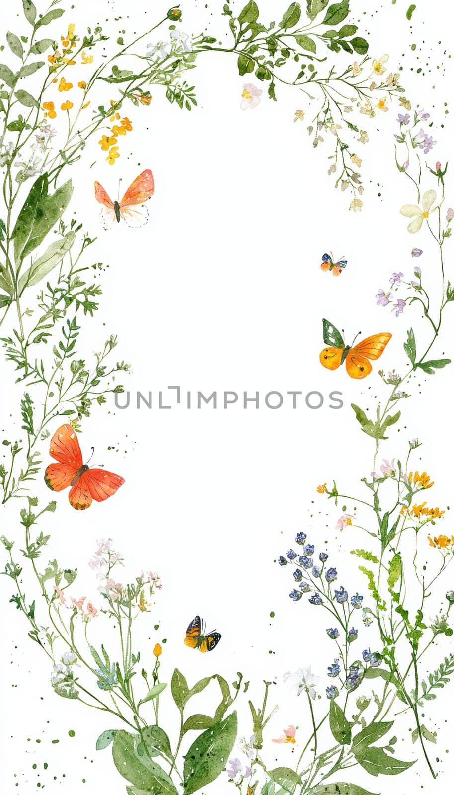 Celebrate easter with a nature-inspired card featuring a delicate wreath of spring flowers, greenery, and vibrant butterflies. this fresh and natural design offers a blank space at the center, ideal for personalized text and perfect for print projects.