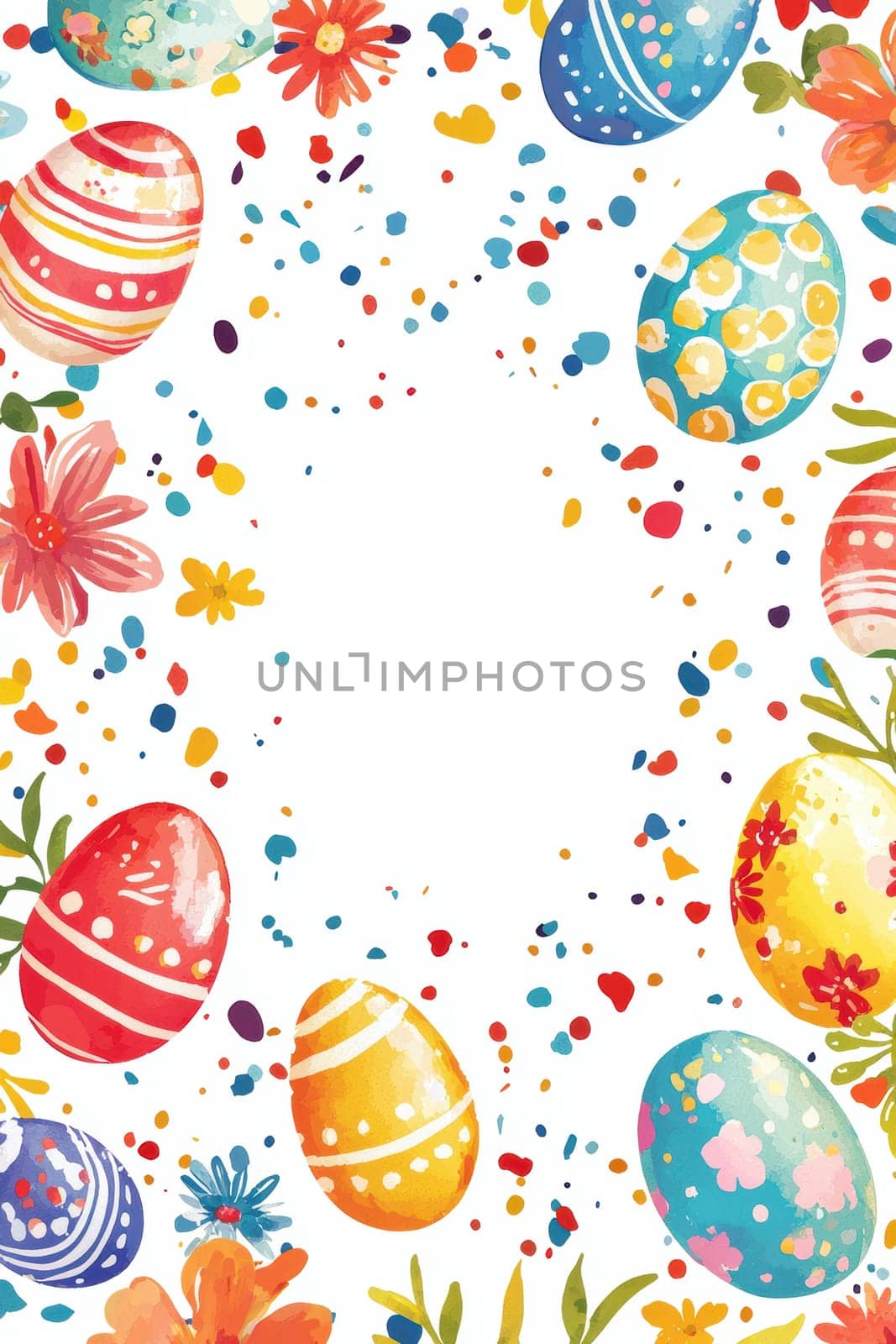 Blank text space surrounded by vibrant hand-painted easter eggs, confetti, and colorful spring flowers on a light blue background. this cheerful and festive design is ideal for easter greeting cards, invitations, or seasonal decorations.