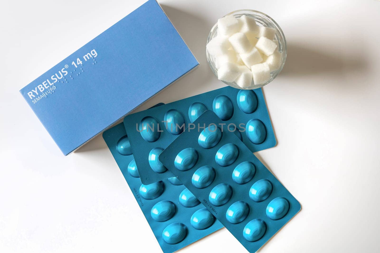 Rybelsus - pills for diabetes and weight loss. Drugs blister packaging. Medical equipment for diabetes parients. Medications drugs, flat lay, overhead. Copenhagen, Denmark - August 20, 2023