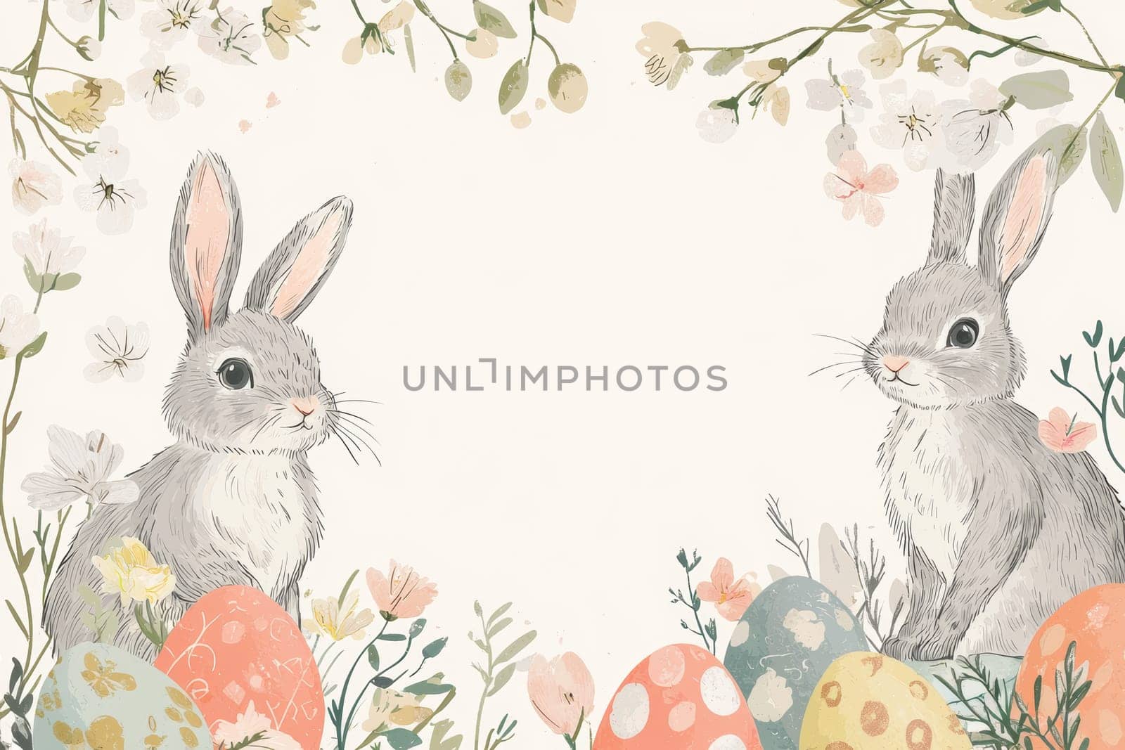 Hand-drawn easter card template featuring playful bunnies and colorful eggs framed by floral accents. soft pastel colors create a whimsical feel, perfect for festive greetings. includes blank space for personalized text or messages.