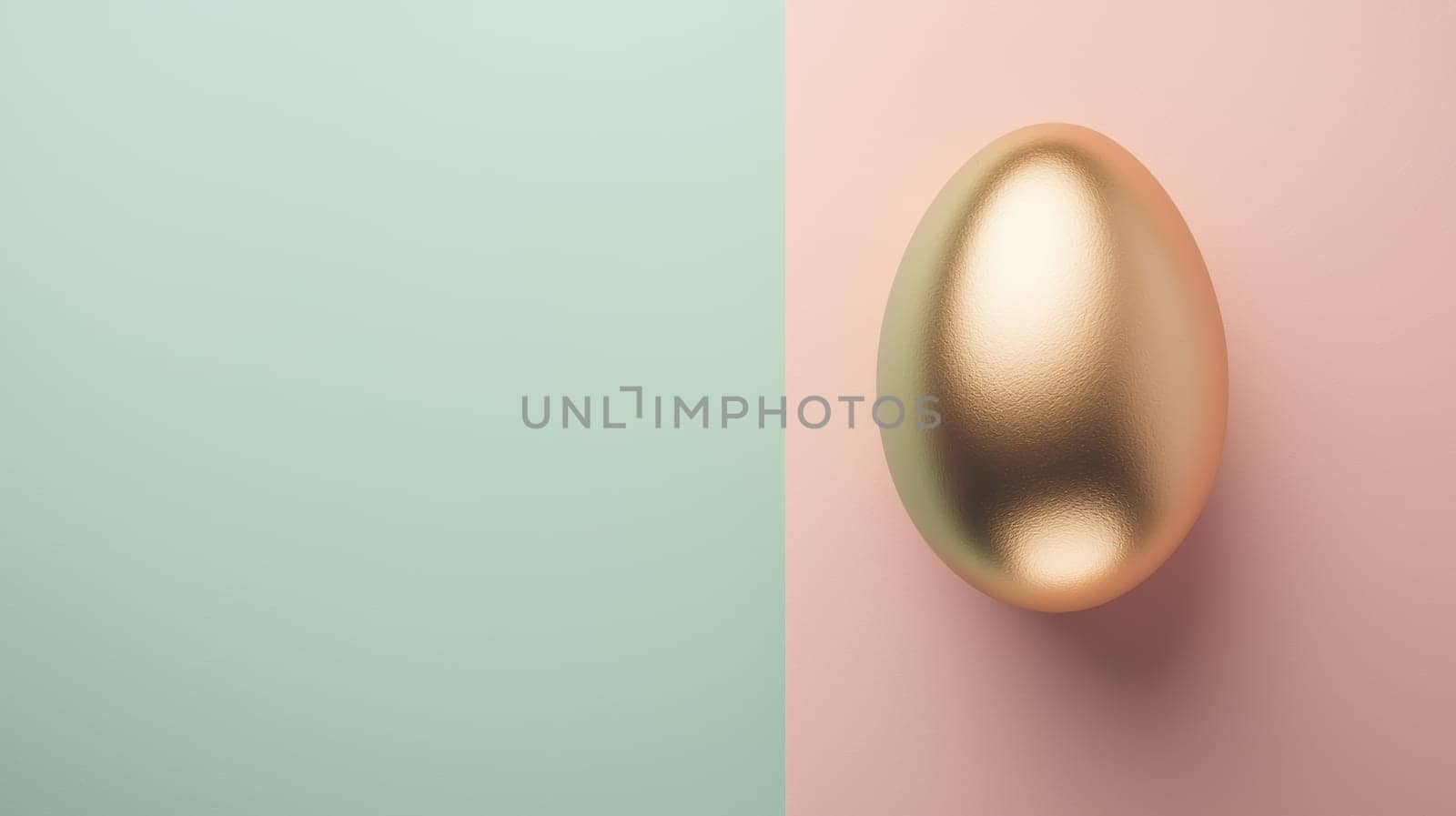 A minimalist easter card template featuring a small gold foil egg against a solid pastel background. the sleek design provides a large blank space for personalized text, ideal for creating sophisticated and elegant holiday greetings.
