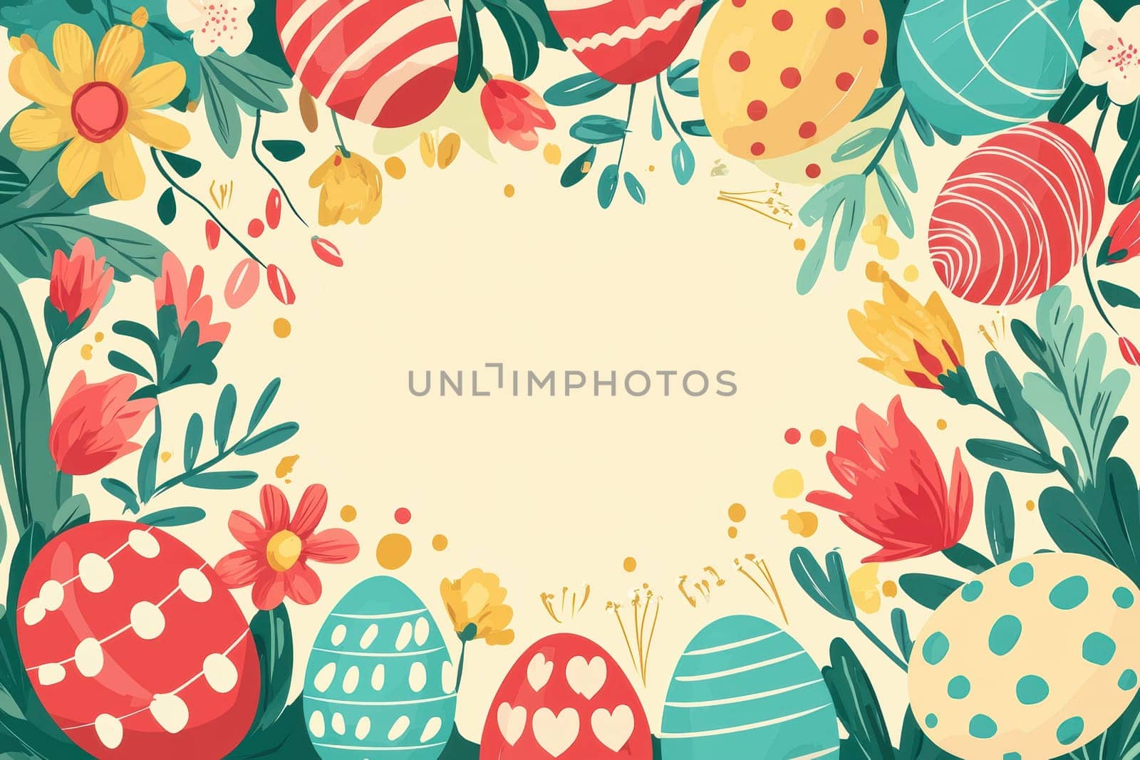 Bright and cheerful easter card template featuring cartoon-style eggs and floral motifs. arranged around a central blank space, this design uses vibrant colors and playful elements, perfect for festive print projects or digital greetings.