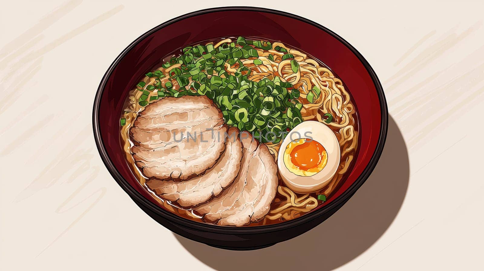 Overhead view of a bowl filled with ramen noodles, featuring vibrant slices of pork, a perfectly boiled egg, and fresh green onions. the striking colors and textures of the ingredients stand out against the minimalist backdrop, offering a feast for the eyes.