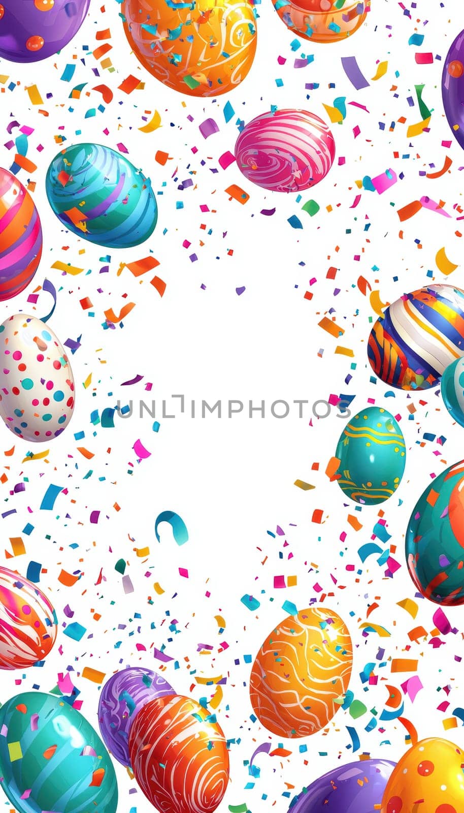 Vibrant easter greeting card design featuring an explosion of colorful confetti, festive balloons, and playful cartoon eggs. a central blank area provides space for personalized messages, perfect for print, cards, or posters.