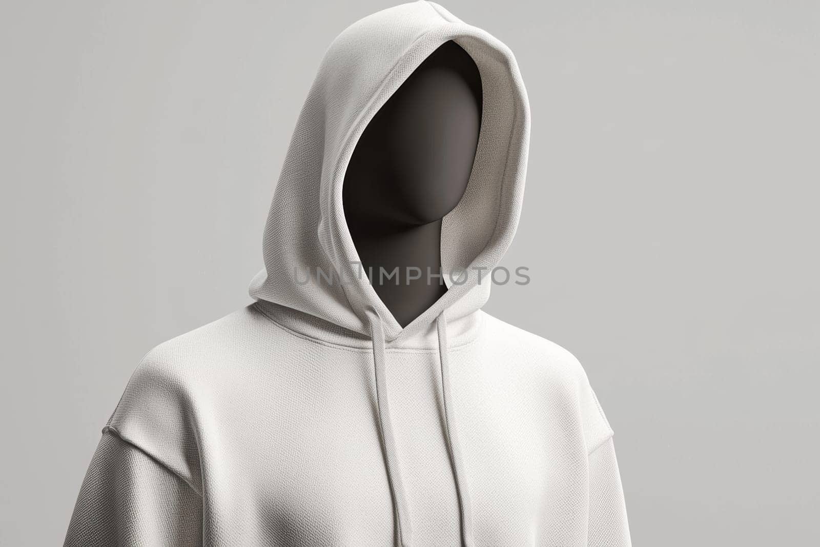 High-quality minimalist hoodie mockup displayed on a mannequin, featuring soft grey tones. emphasizes the fabric weave and stitching details, ideal for showcasing high-end modern fashion design in promotional materials and editorial use.