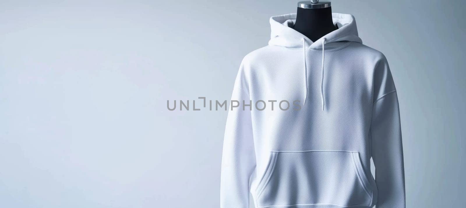 Plain white hoodie showcased on a mannequin, its texture and design against a neutral background. perfect for online clothing stores and fashion designers to emphasize simplicity and quality of fabric details.