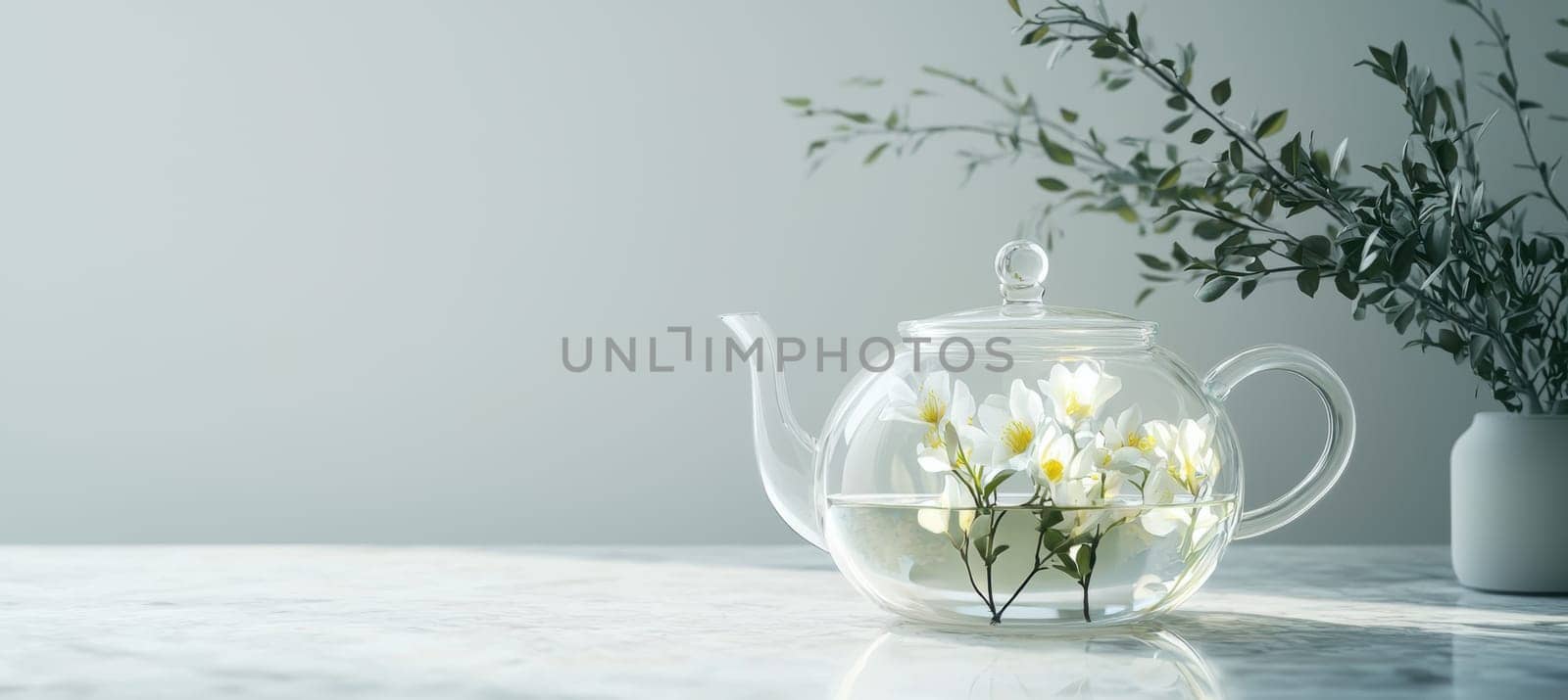 Clear glass teapot showcasing blooming tea flowers steeping on a white marble surface, embodying elegance and natural beauty. the minimalist design is accentuated by soft lighting and a simple vase with delicate flowers.