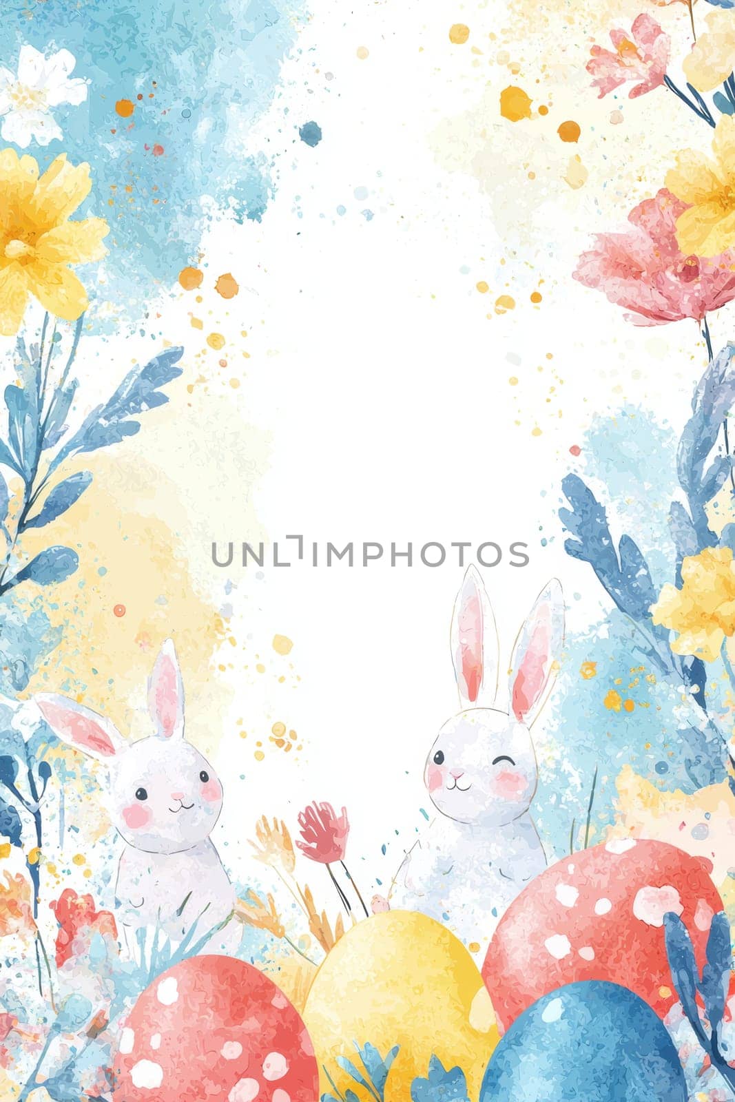 Easter greeting card template featuring watercolor bunnies, eggs, and flowers against a pastel blue, pink, and yellow background. includes a central blank space for personalized text, perfect for holiday celebrations and creative designs.