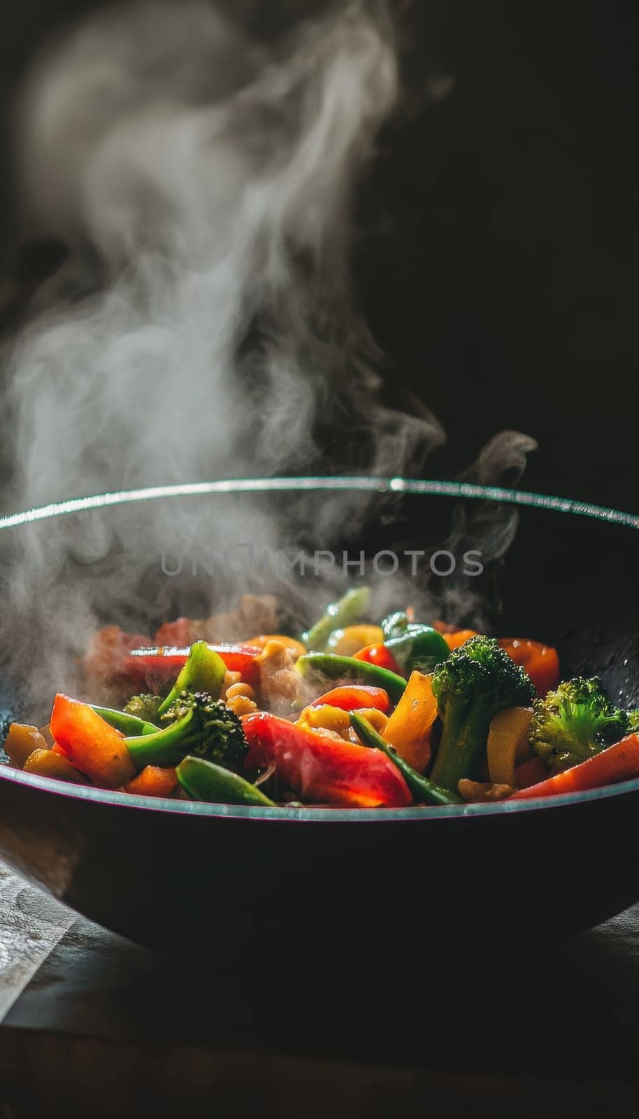 Fresh, colorful vegetable stir fry in a traditional wok with vibrant bell peppers, broccoli, and snap peas. steam rises, adding warmth to the composition, the essence of healthy, homemade asian cuisine.