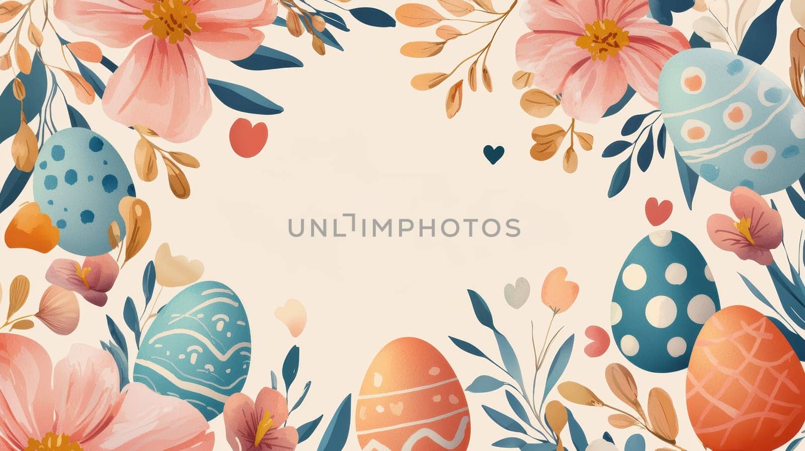 Pastel-themed easter card template featuring watercolor floral patterns and intricately decorated eggs. a blank central space allows for personalized text. ideal for spring greetings, invitations, or seasonal design projects.