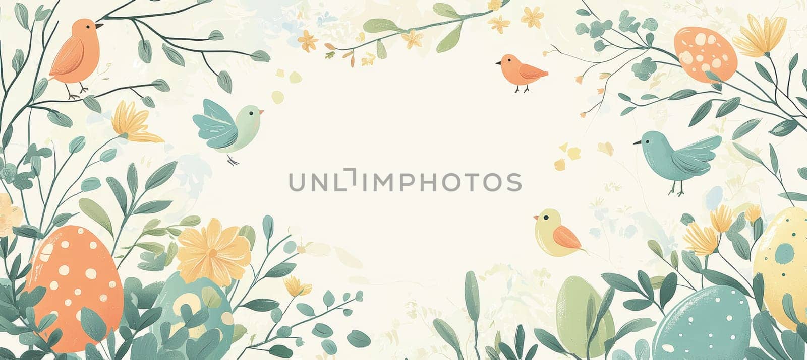 Soft greens and blues set the scene for an easter card template featuring delicate floral designs, birds, and eggs. a central blank space provides room for personalized text, encapsulating a serene and peaceful natural ambiance.