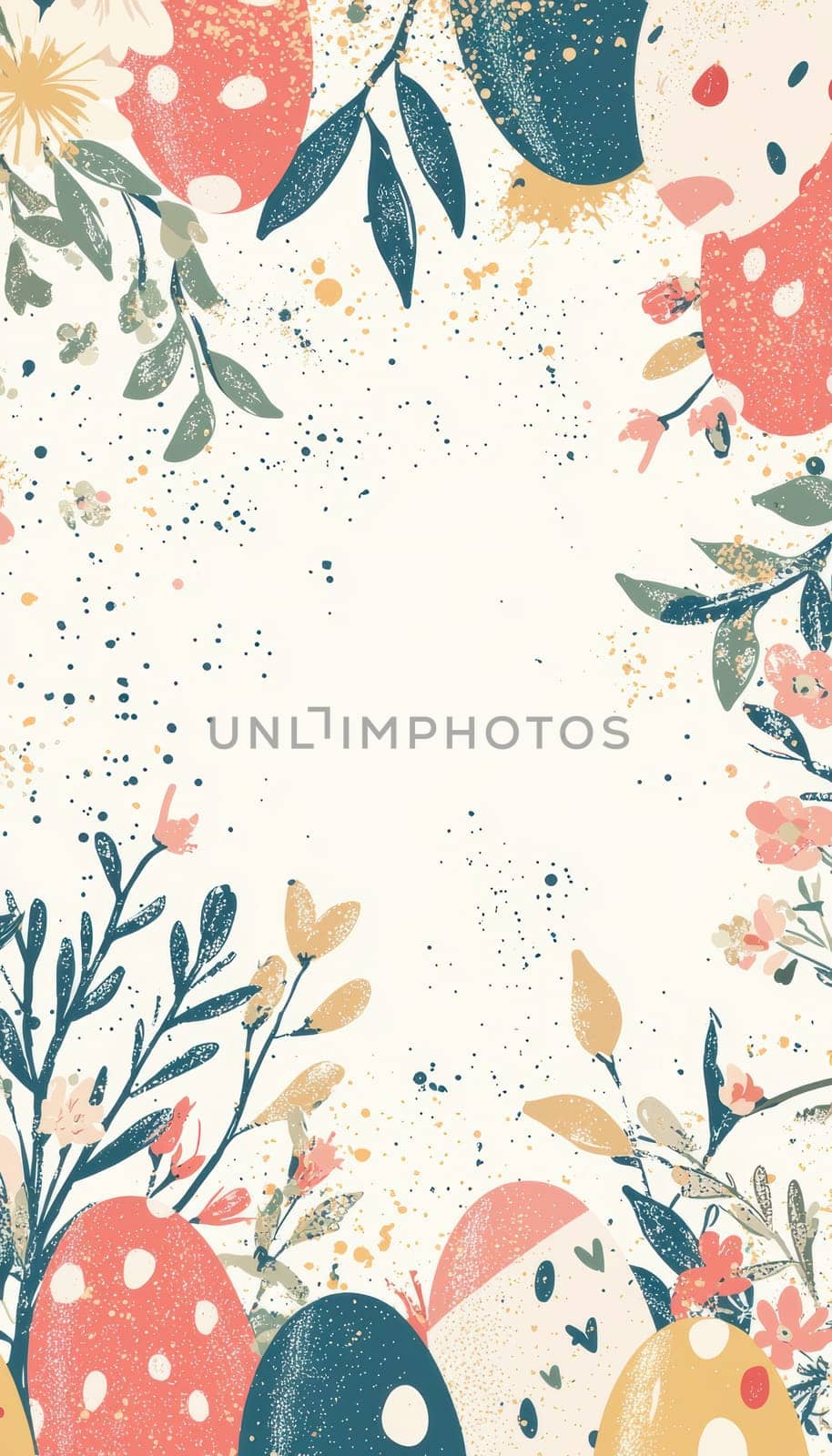 Vintage-inspired easter card featuring detailed floral patterns and colorful egg illustrations. soft, faded colors and a blank space for text provide a classic, timeless appeal, perfect for greetings and easter-themed designs.