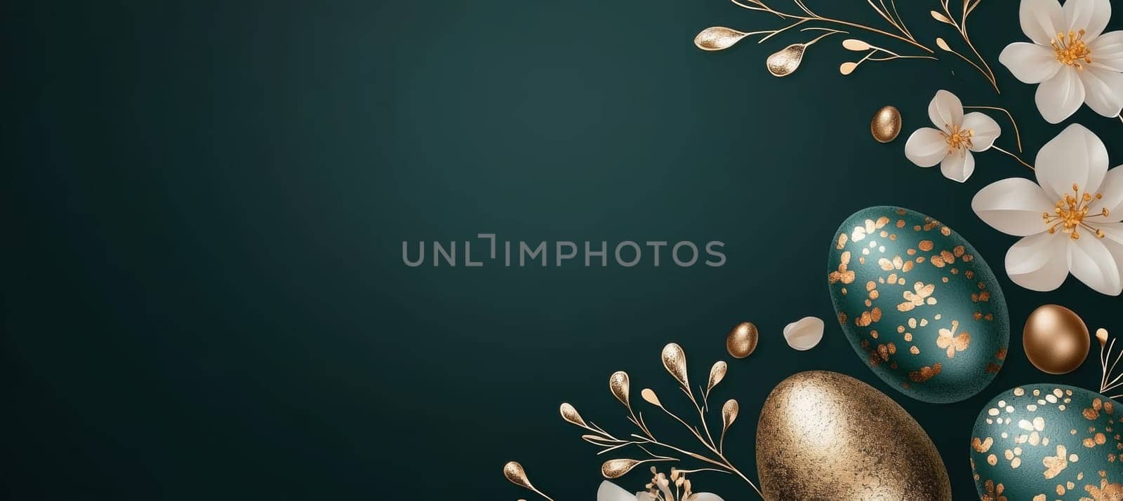 Luxurious easter card template featuring intricate gold floral designs and ornate eggs on a rich dark green background. the sophisticated layout includes ample blank space for personalized text, perfect for high-end card and poster designs.