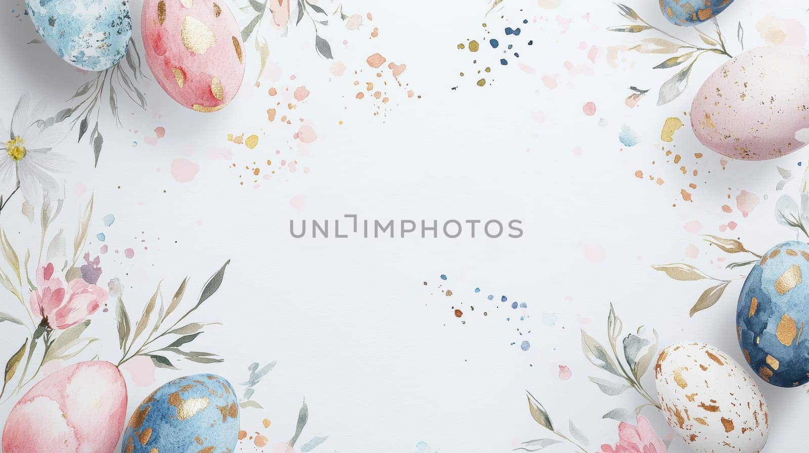 Festive easter card design featuring vibrant watercolor patterns and floral elements. pastel-colored eggs frame the blank central space, ideal for personalized greetings. perfect for print, poster, or digital use with a spring theme.