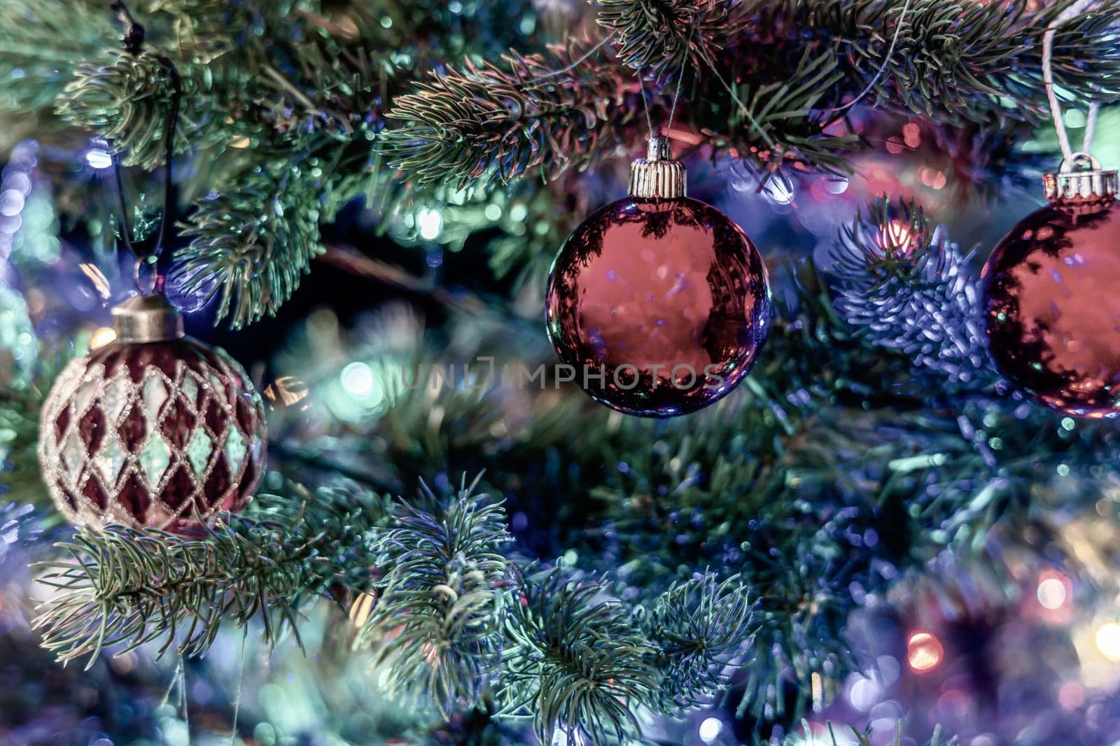 Christmas tree decorated with balls and gerland. High quality photo