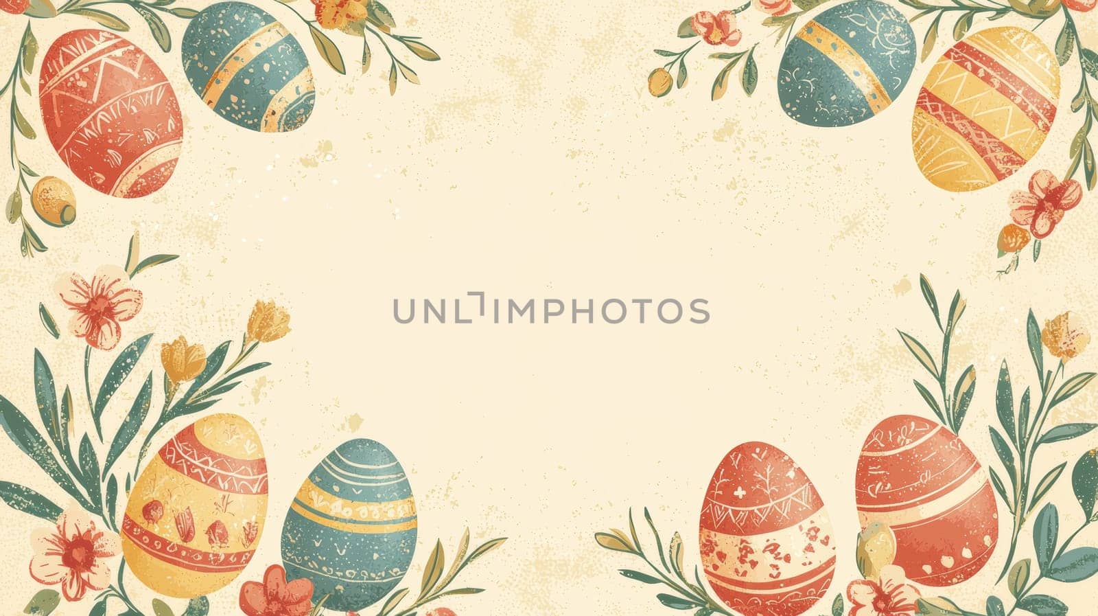 Classic easter card template featuring vintage-inspired egg illustrations with floral borders. muted, warm colors and a blank area for personalized text create a timeless and traditional feel, perfect for heartfelt holiday greetings.