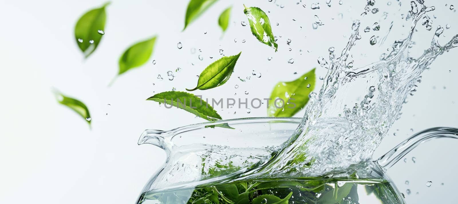 Vibrant green tea leaves dynamically splash into a clear glass teapot filled with water. the minimalist background enhances the fresh and lively aura, making it perfect for beverage promotions, advertising, and modern design aesthetics.