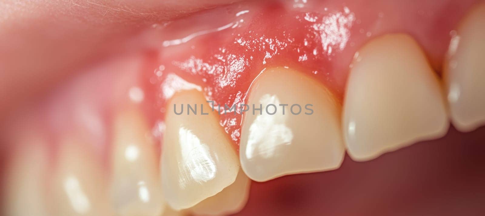 Close-up of a patients mouth showcasing healthy, pink gums and clean white teeth after successful gum treatment. the background reveals a bright and modern dental office, the improvement in oral health and hygiene.