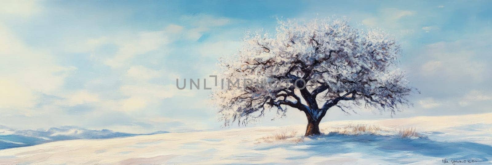 Beautiful winter landscape photo featuring lone tree amidst snow-covered field under clear sky, for seasonal greeting card, website header, social media post, capturing serene beauty