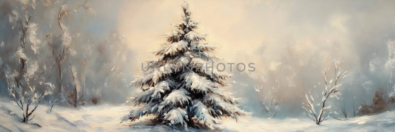 Serene winter scene with snow-covered evergreen tree in foreground, surrounded by soft, snowy landscape and distant trees, for holiday banners, winter-themed advertising, seasonal stock photography