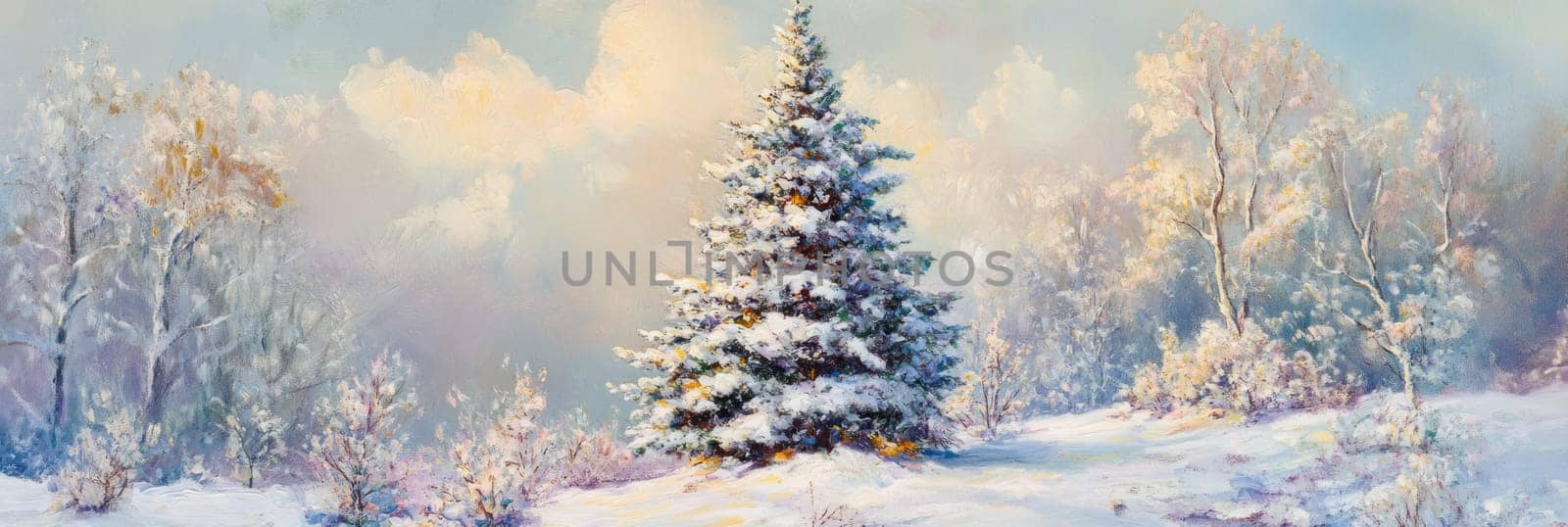 Winter landscape banner featuring snow-covered pine tree, scenic background; perfect for holiday card, seasonal promotion, website headers, festive advertisements to evoke serene ,cozy winter feeling