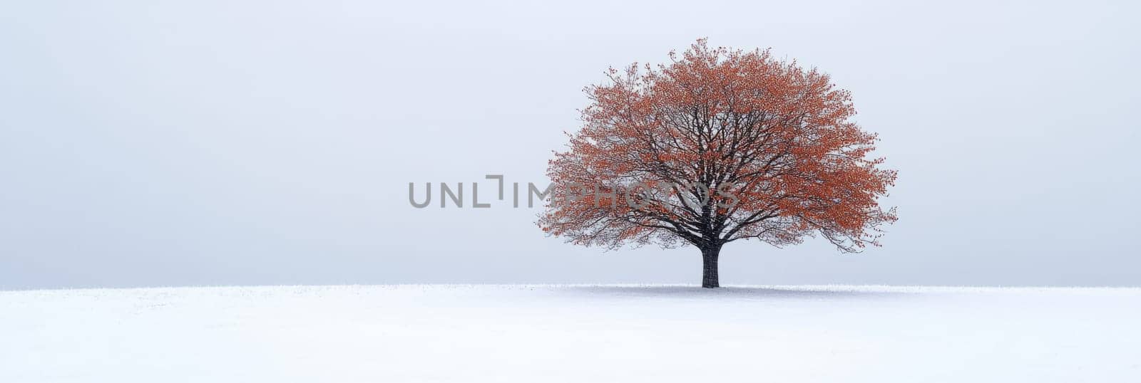 Minimalist landscape features single tree with red-orange foliage standing alone in vast, snowy field against soft, light blue sky for seasonal greeting card, home decor print, website background
