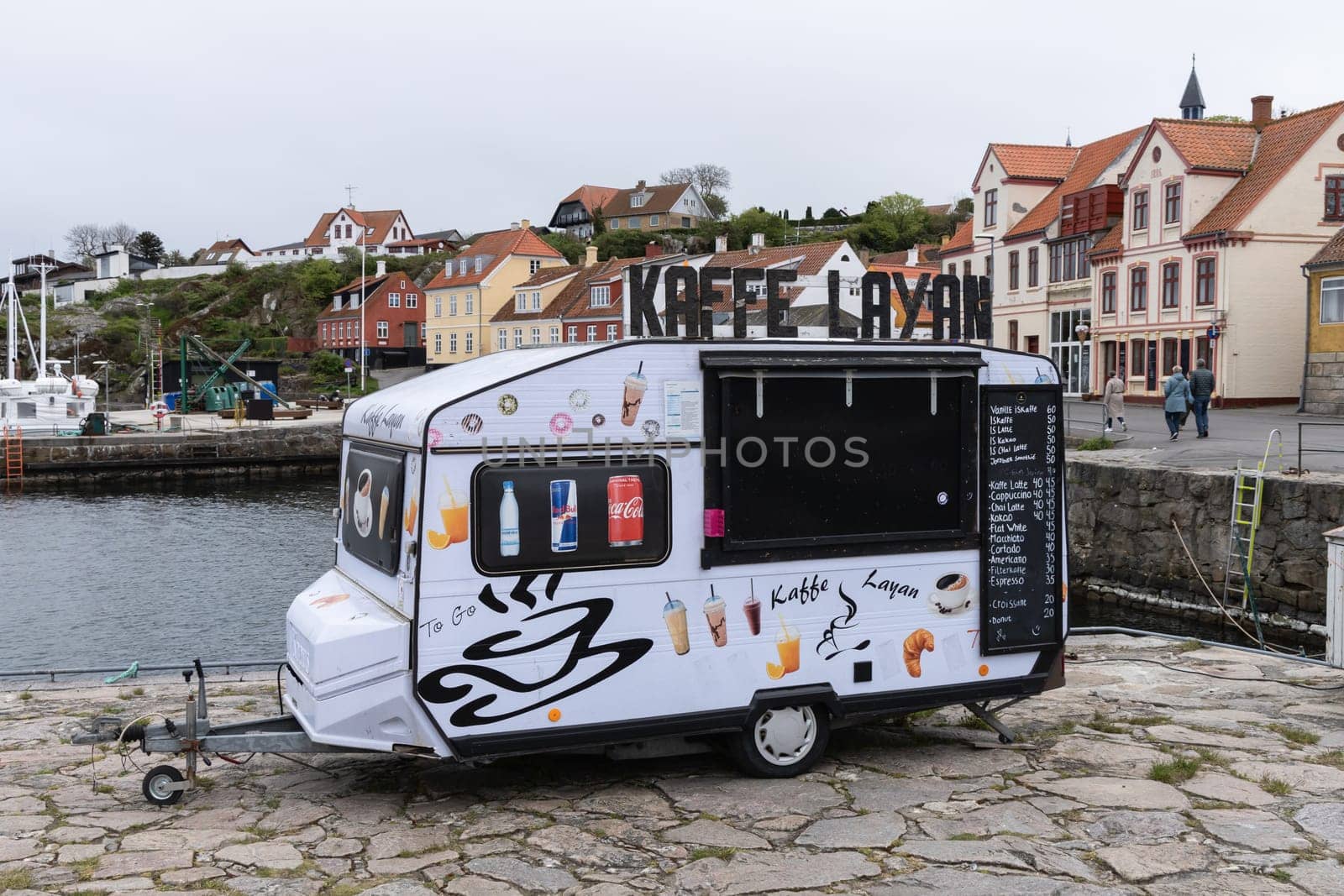 Cafe trailer on th seashore of a small town. Bornholm, Denmark - December 5, 2024