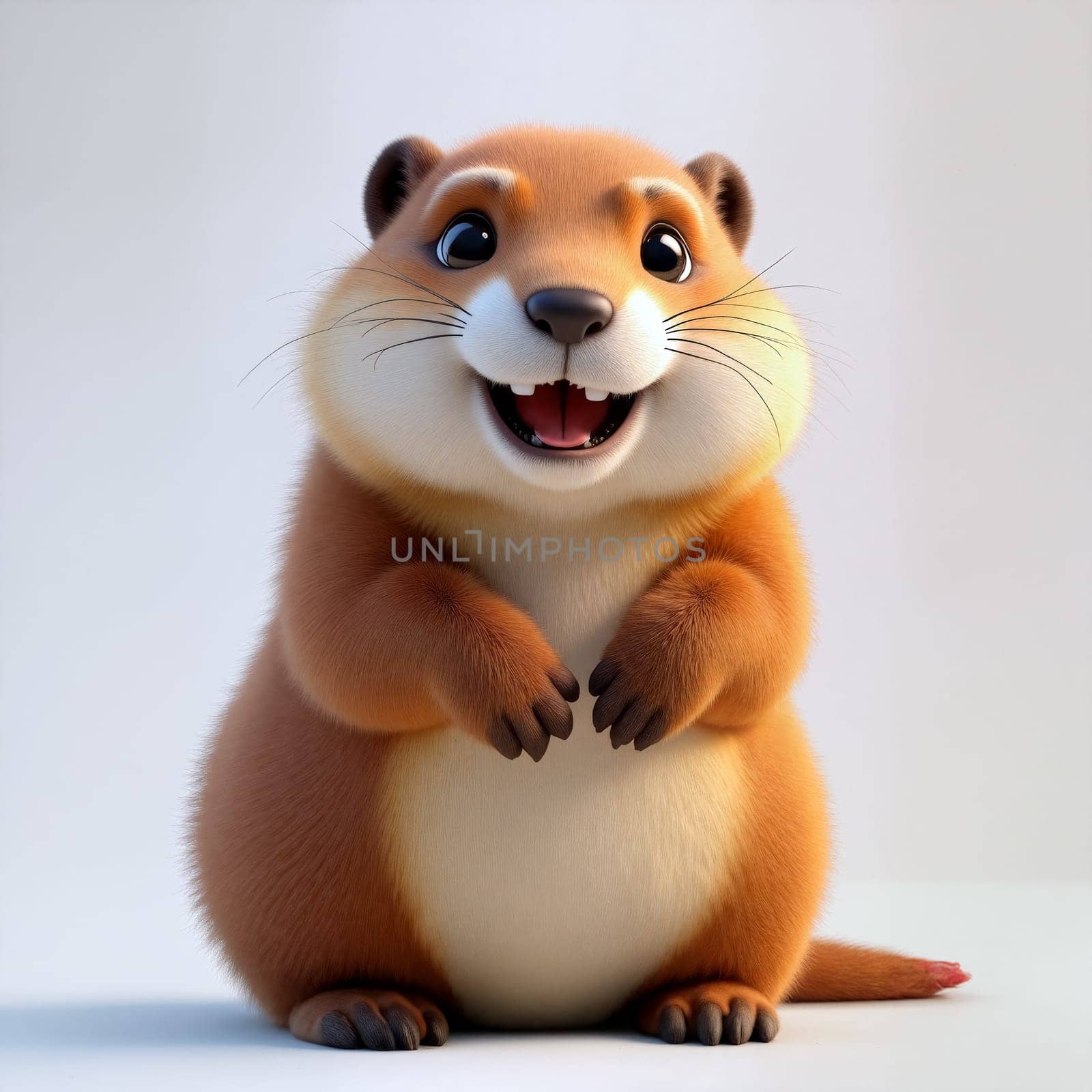 A charming cartoon marmot is smiling widely, exuding happiness and playfulness, with a smooth, light background accentuating its joyful expression - Generative AI