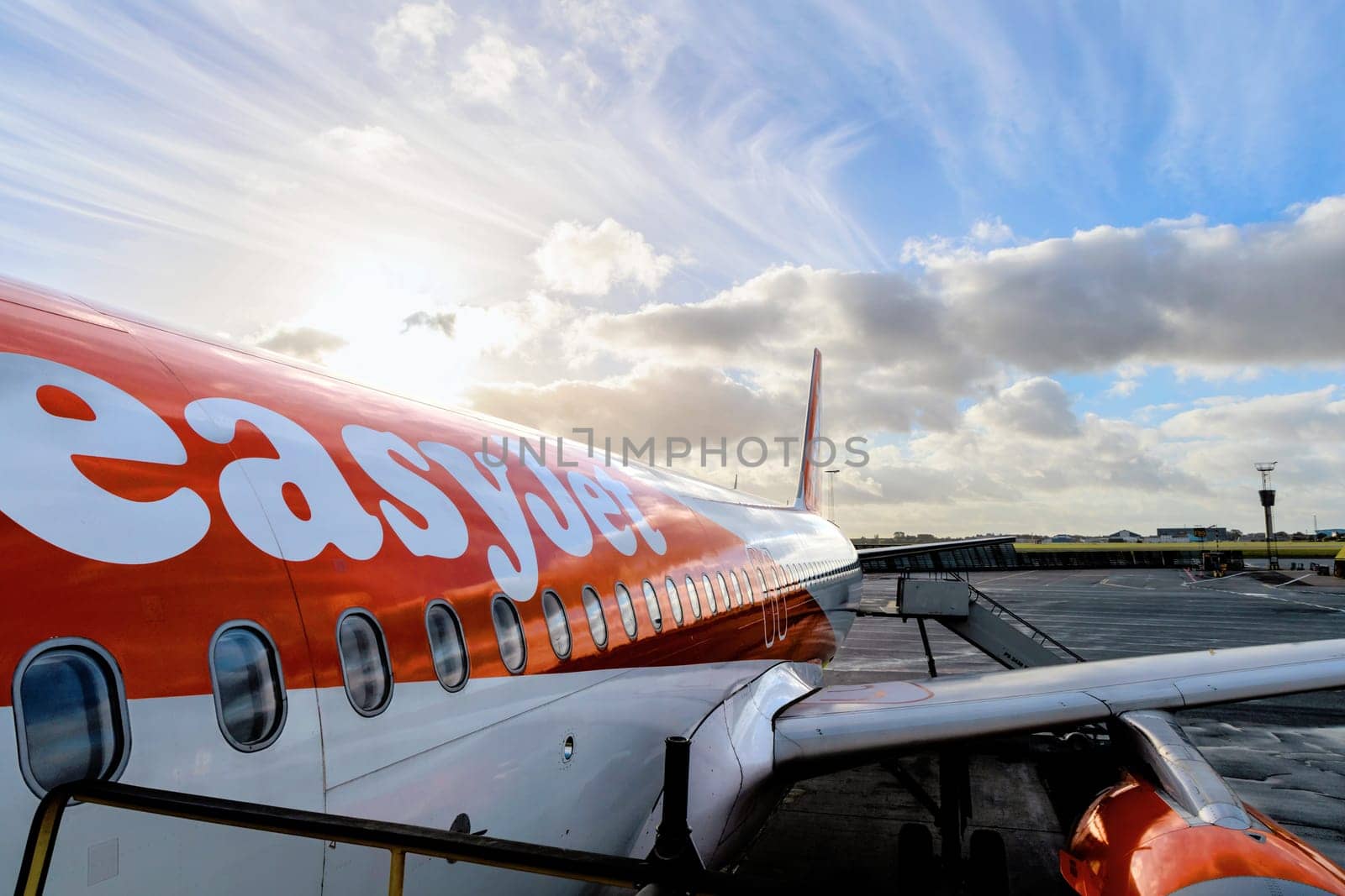 Easy Jet plane parked at Copenhagen airport. Copenhagen, Denmark - November 10, 2024