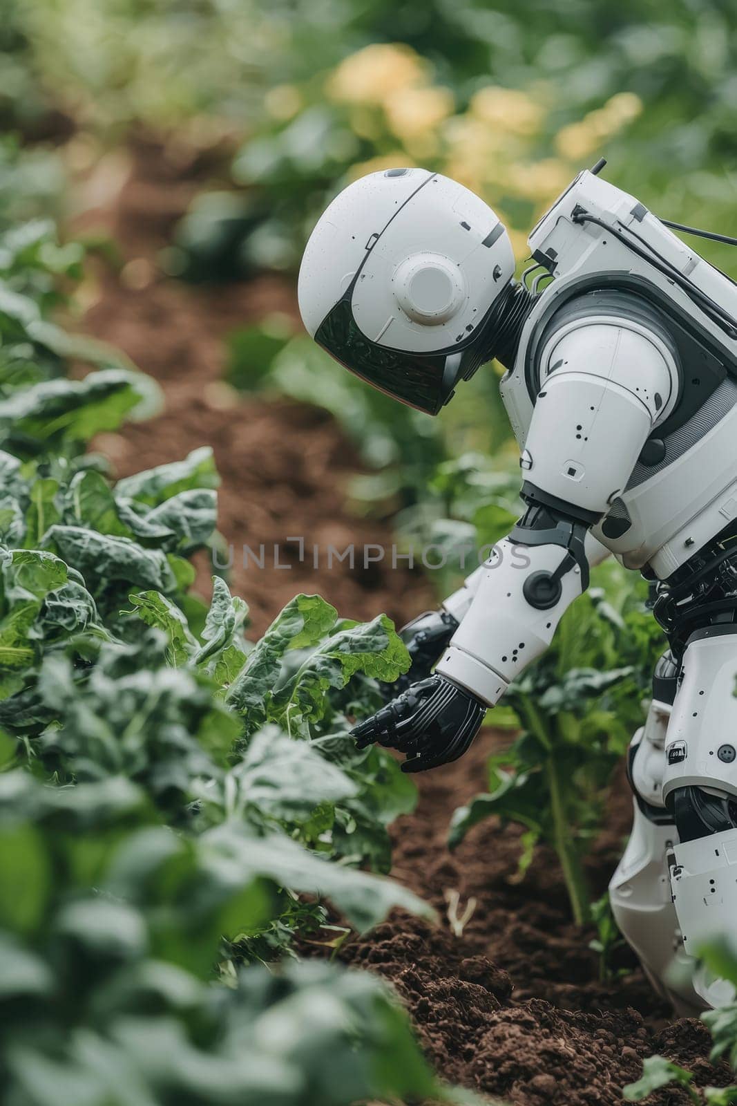 A futuristic autonomous robot inspects plants in a vegetable field, showcasing precision in agricultural technology. the robot's sleek design and advanced features highlight the intersection of automation and sustainable farming practices.