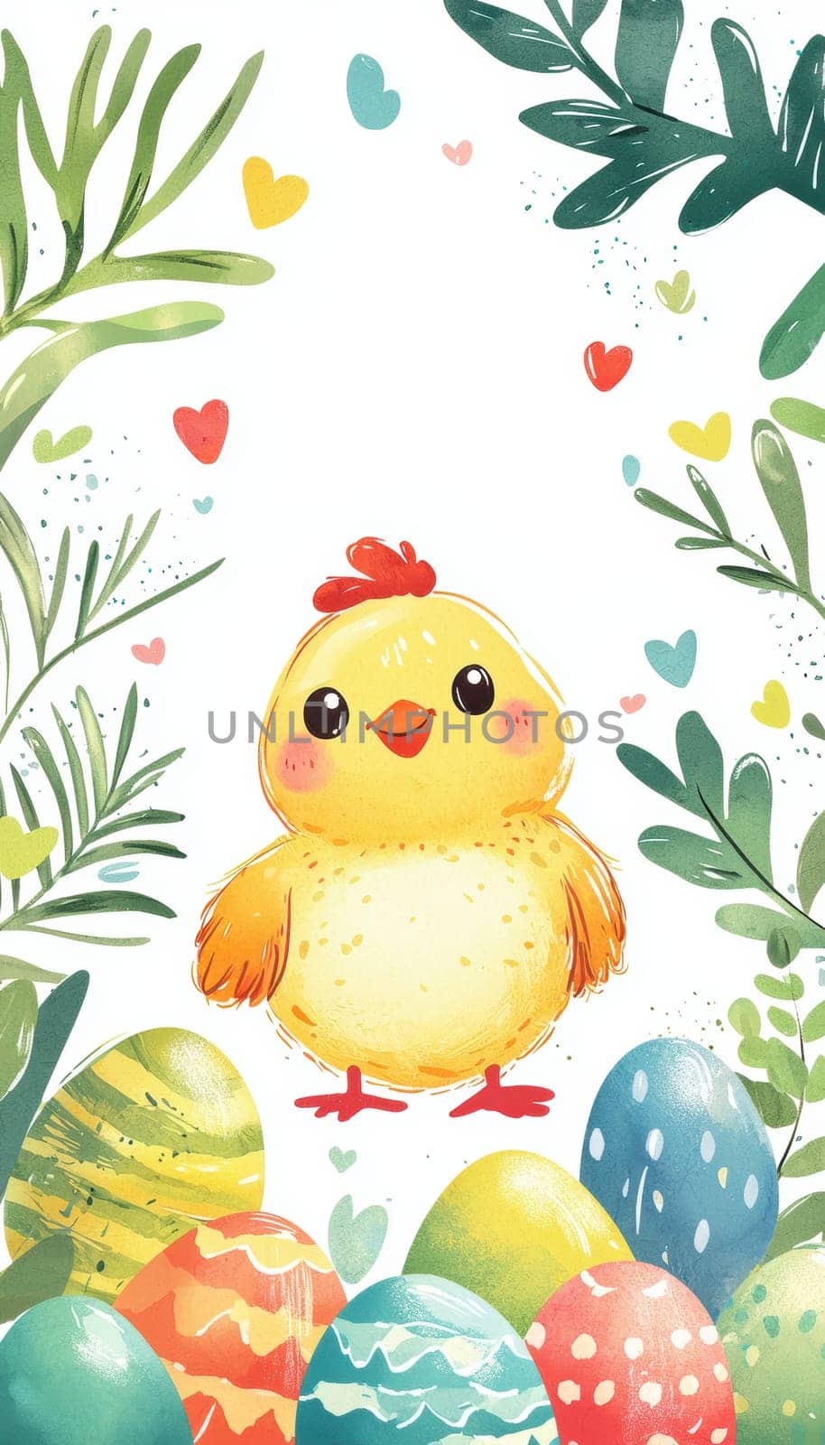 Cheerful easter card template featuring a cute baby chick surrounded by vibrant polka-dotted eggs and lush green leaves. perfect for festive design projects with ample blank space for personalized text or messages.