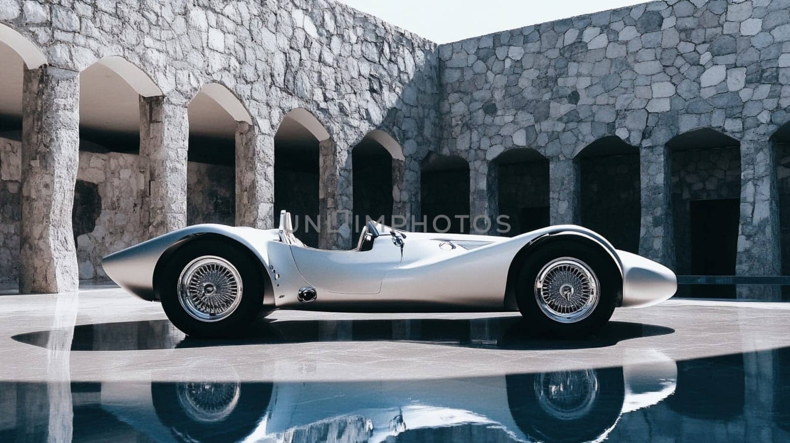 Sleek silver concept car parked next to a concrete wall, reflecting in wet pavement, exudes power and speed with modern, futuristic design